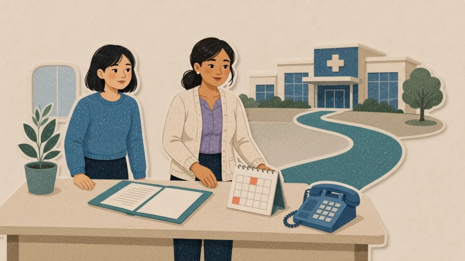 Illustration from the MyHealth Haven film: a Health Navigator lays out a written plan, a calendar and a phone for the patient, with the road to the hospital behind them.